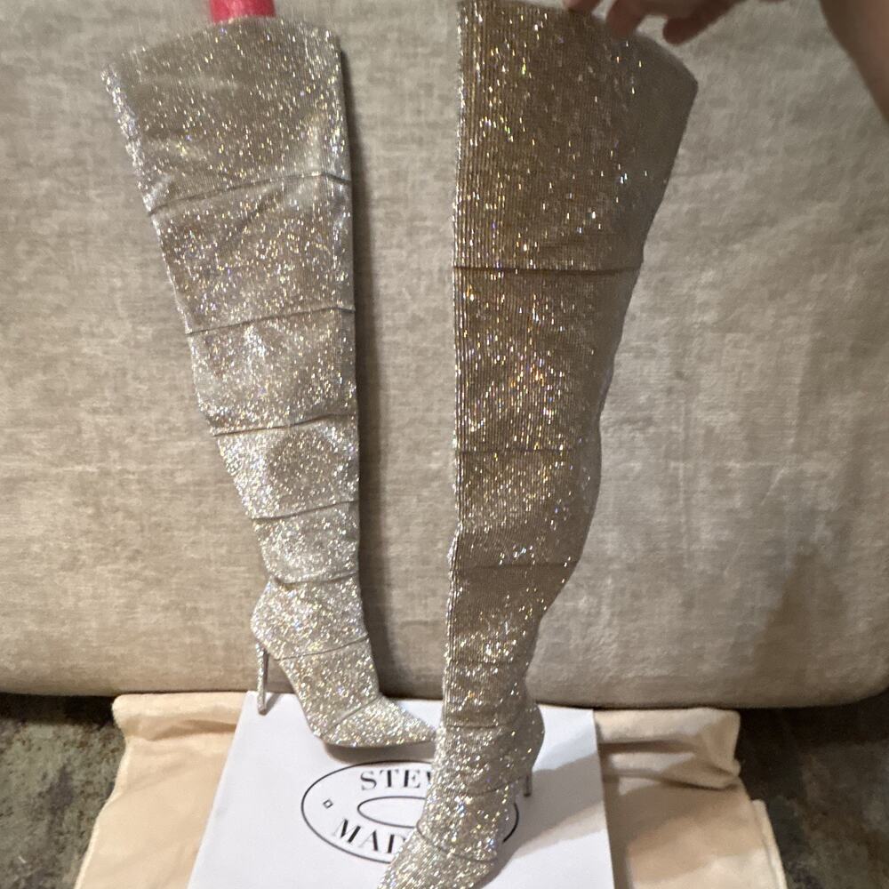 Steve Madden Wonders Silver Rhinestone Thigh High Pointed Toe Stiletto Zip 9 - Picture 2 of 5